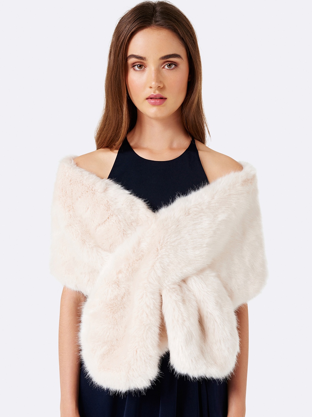 Forever New Off-White Solid Laura Faux Fur Wrap