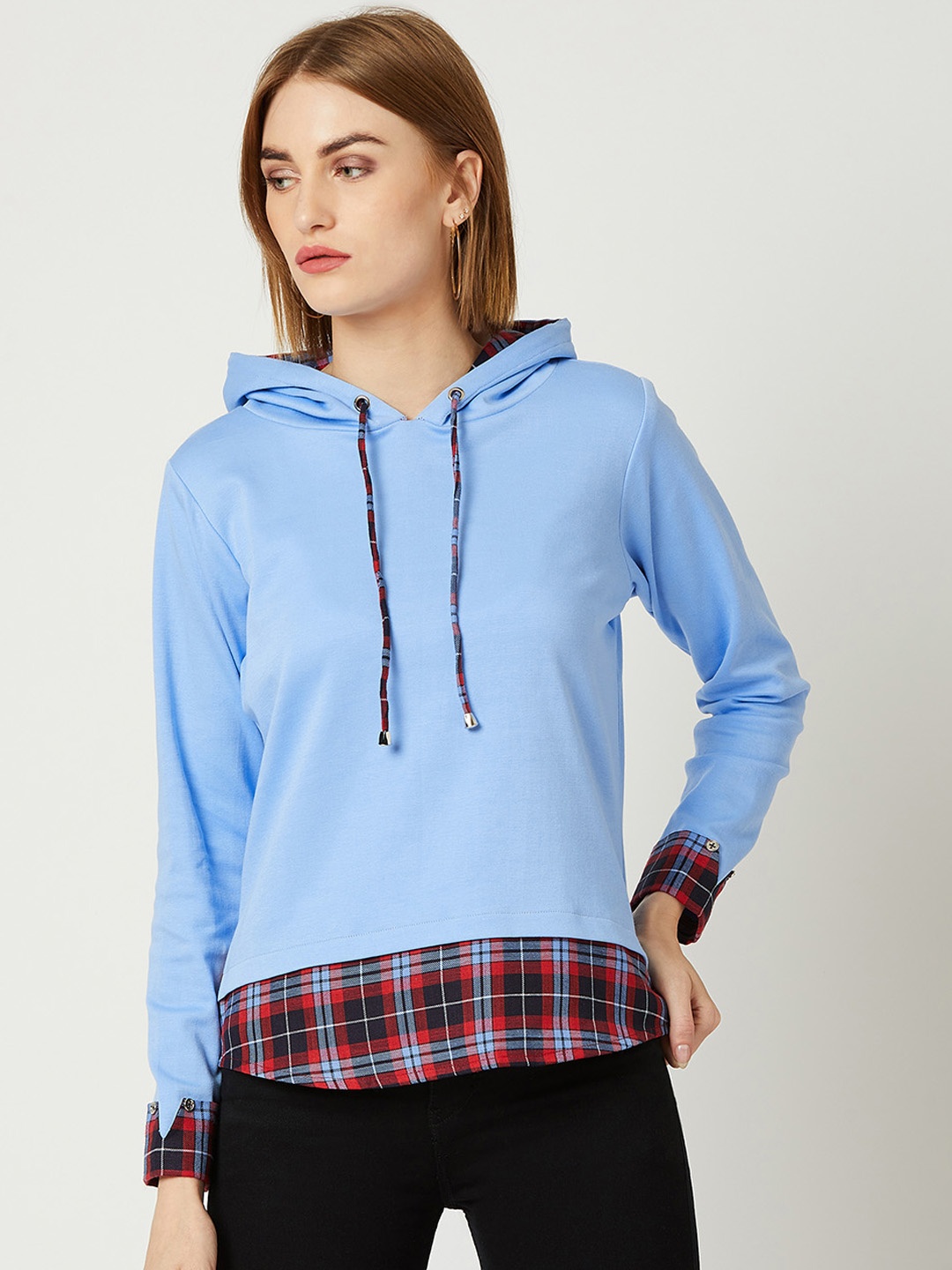 Miss Chase Women Blue Solid Hooded Sweatshirt