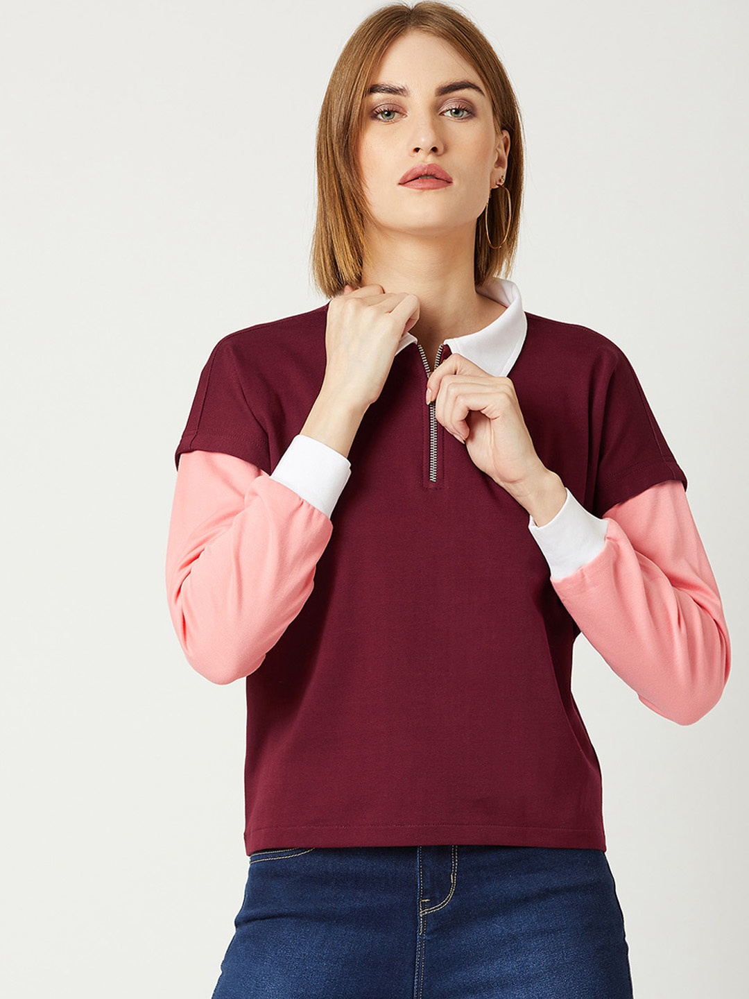 Miss Chase Women Maroon & Pink Solid Sweatshirt