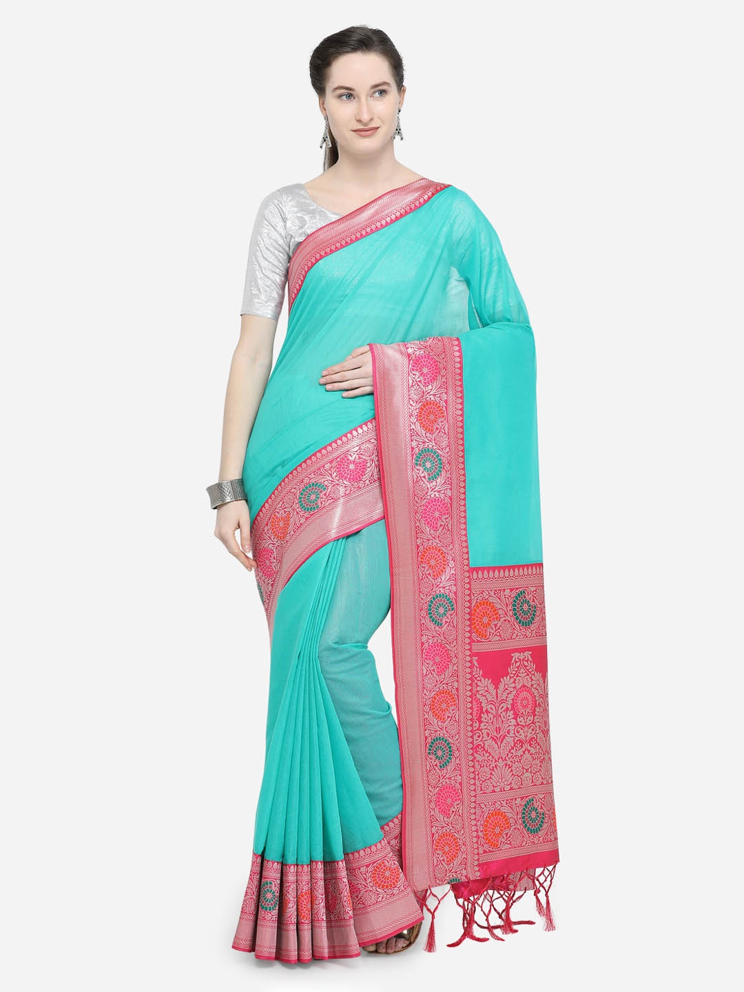 Mitera Blue & Pink Silk Cotton Woven Design Banarasi Saree