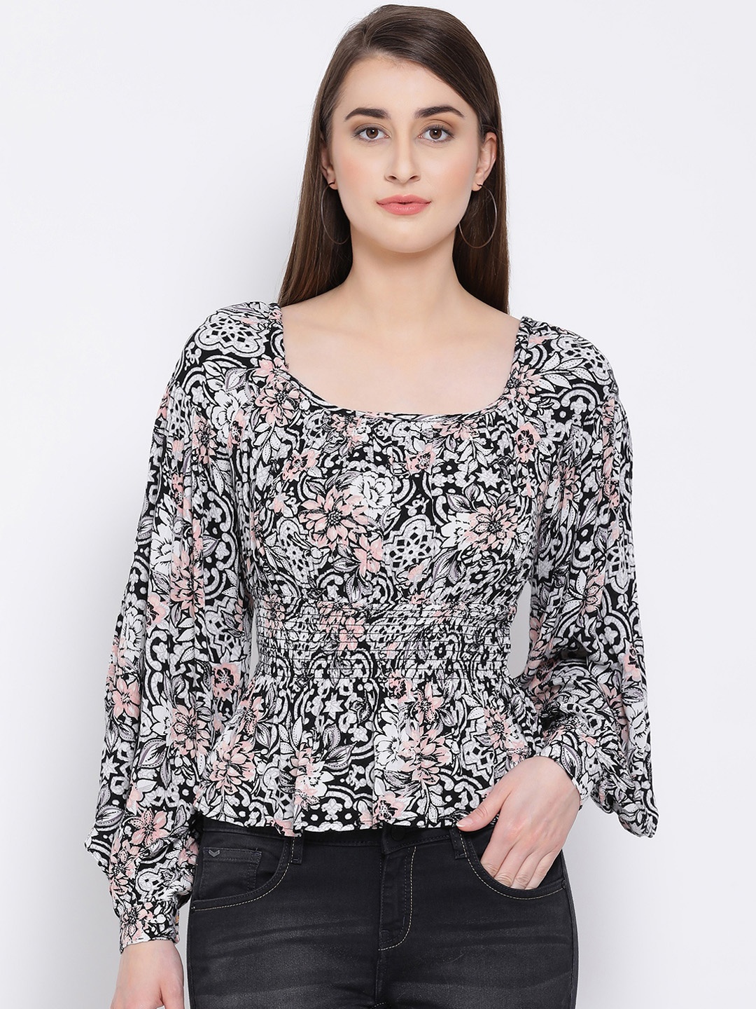 Oxolloxo Women Black Printed Cinched Waist Top