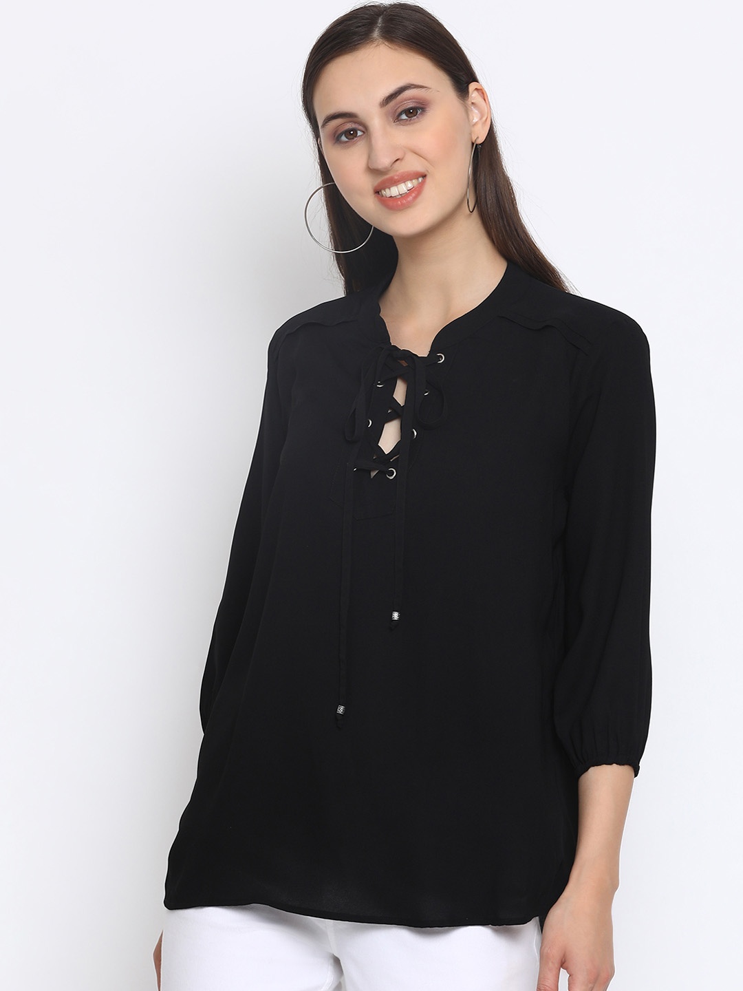 SQew Women Black Solid Shirt Style Top