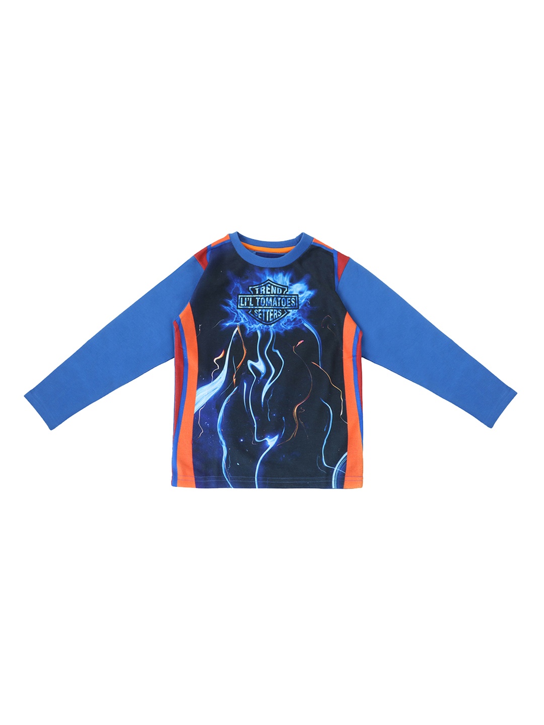 Lil Tomatoes Boys Blue & Orange Printed Sweatshirt