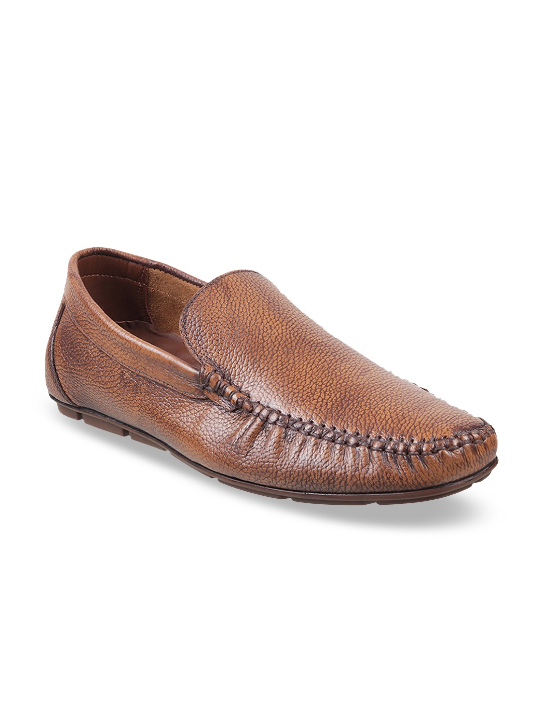 Metro Men Tan Brown Textured Leather Formal Loafers