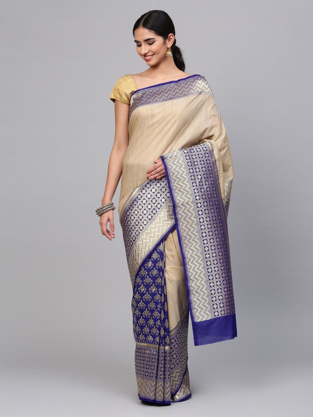 Mitera Blue & Gold-Toned Art Silk Woven Design Handloom Banarasi Saree