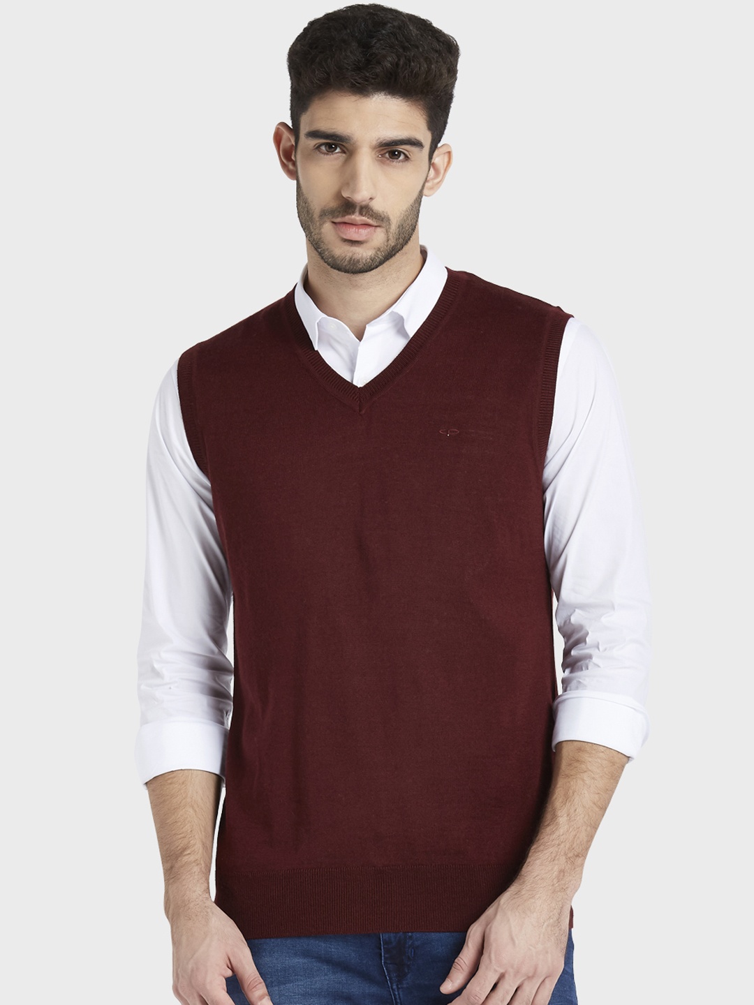 ColorPlus Men Maroon Solid Sweater Vest