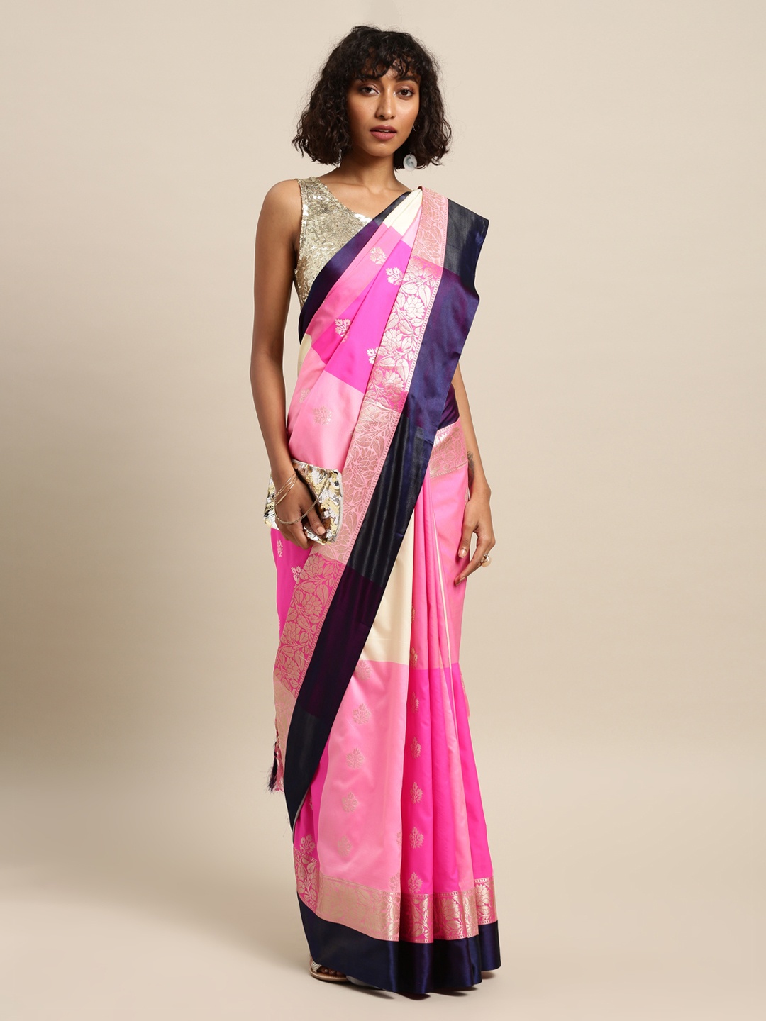 Mitera Pink & Navy Blue Silk Blend Woven Design Kanjeevaram Saree