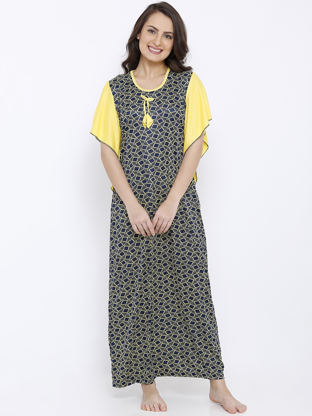 Pretty Awesome Yellow & Navy Blue Printed Nightdress