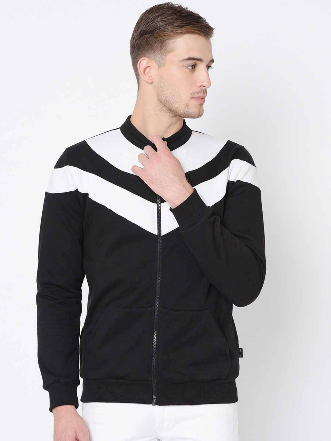 Rigo Men Black & White Colourblocked Front-Open Sweatshirt