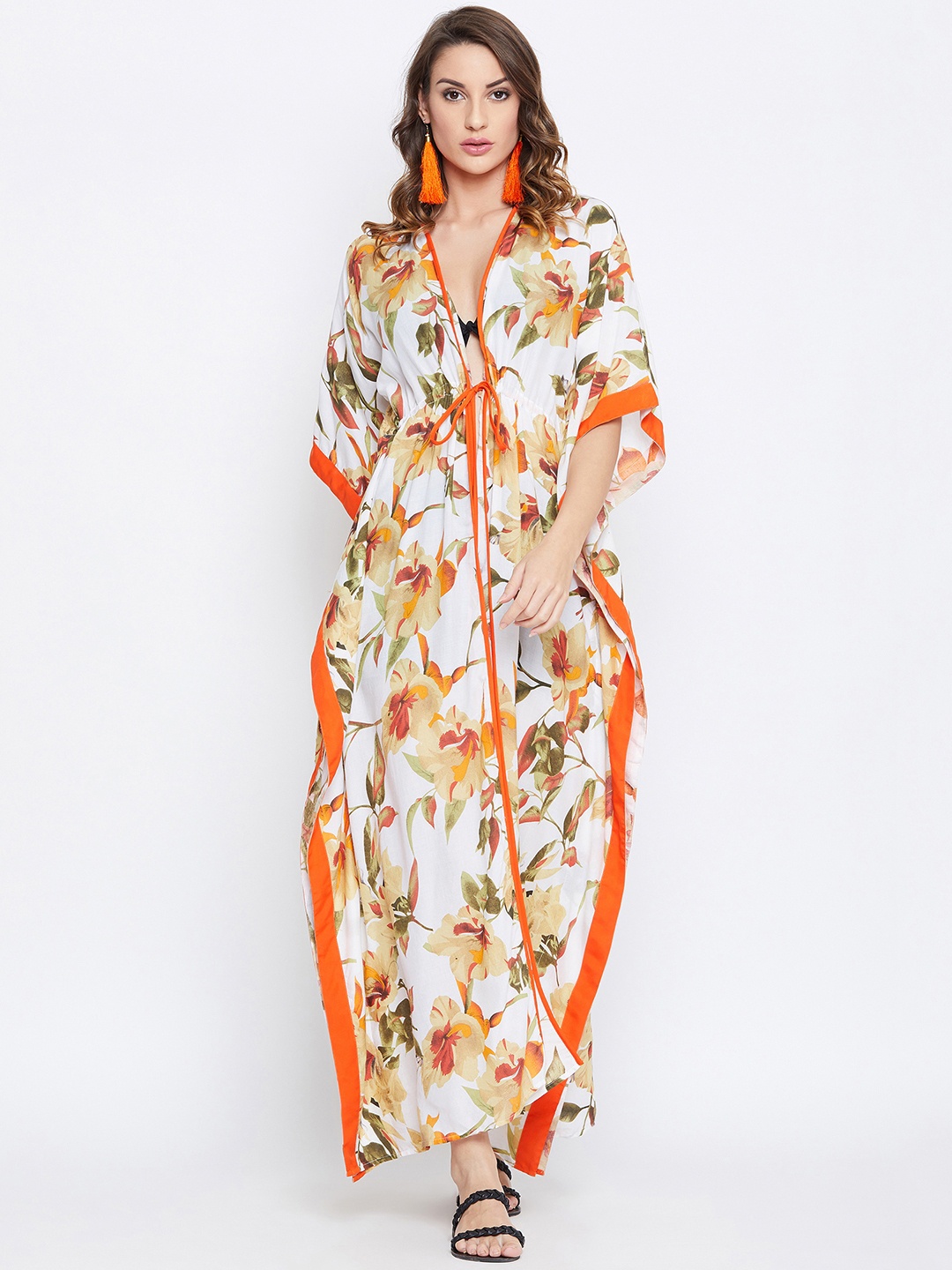 The Kaftan Company Women Off-White & Orange Printed Cover-Up Beach Gown