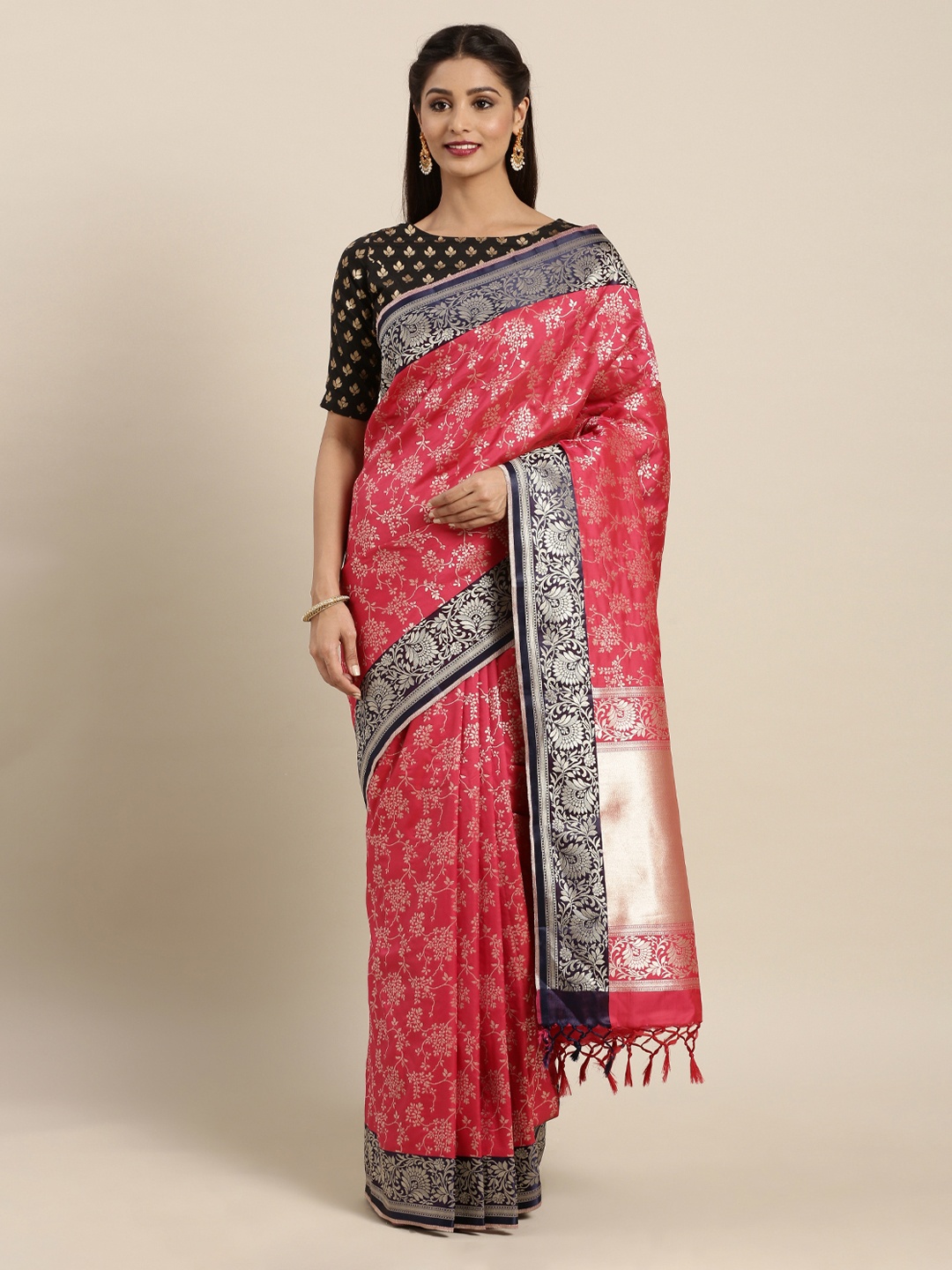 Mitera Pink & Navy Blue Silk Blend Woven Design Banarasi Saree