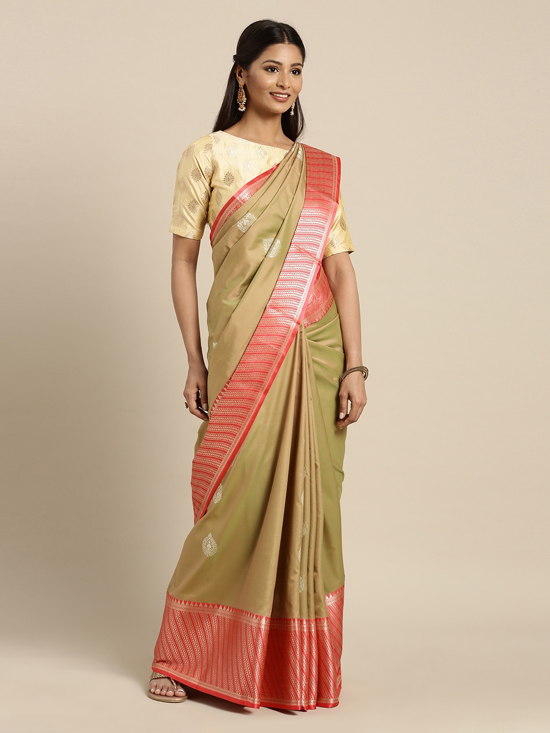 Mitera Khaki Silk Blend Woven Design Kanjeevaram Saree