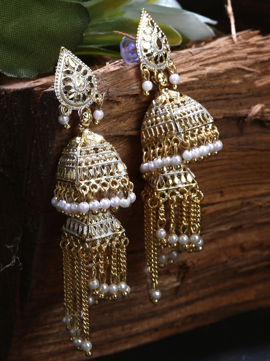 ANIKAS CREATION White & Gold-Plated Enamelled Dome Shaped Jhumkas