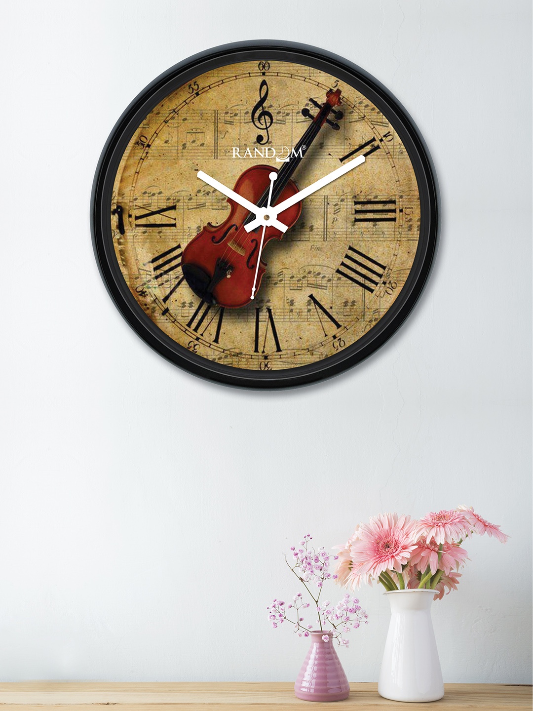 RANDOM Mustard Brown & Black Round Printed 30 cm Analogue Wall Clock
