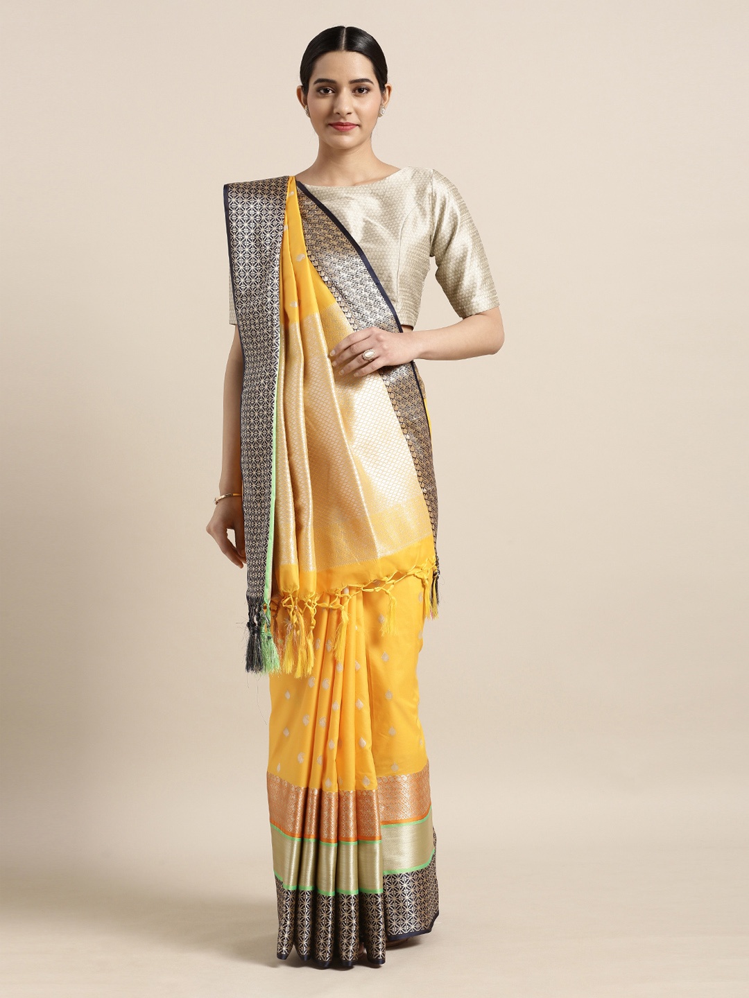 Mitera Mustard Yellow & Navy Blue Silk Blend Woven Design Kanjeevaram Saree