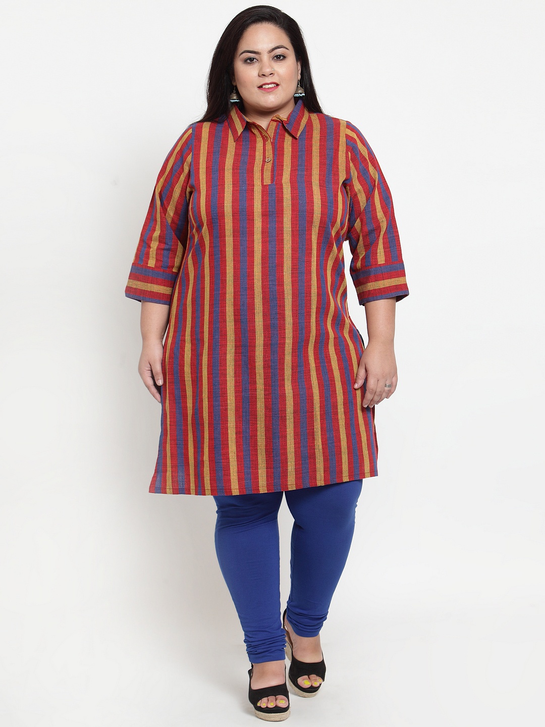 plusS Women Red & Blue Striped Straight Kurta