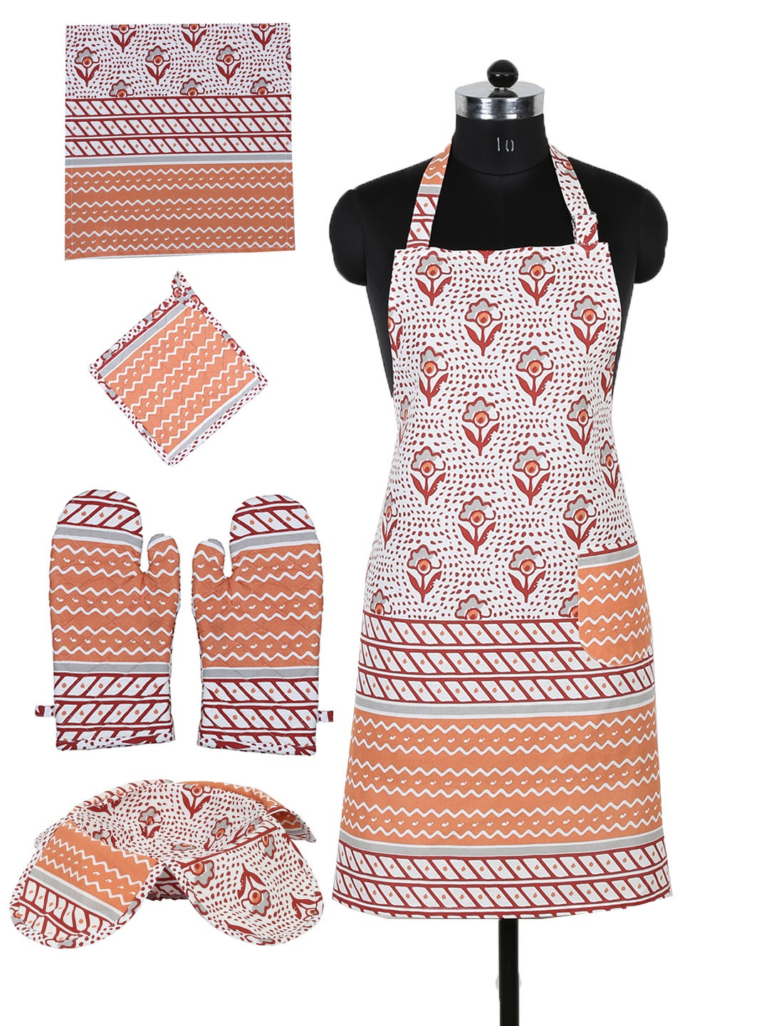House This Unisex Set of 6 Red & orange Printed Cotton Kitchen Linen Set