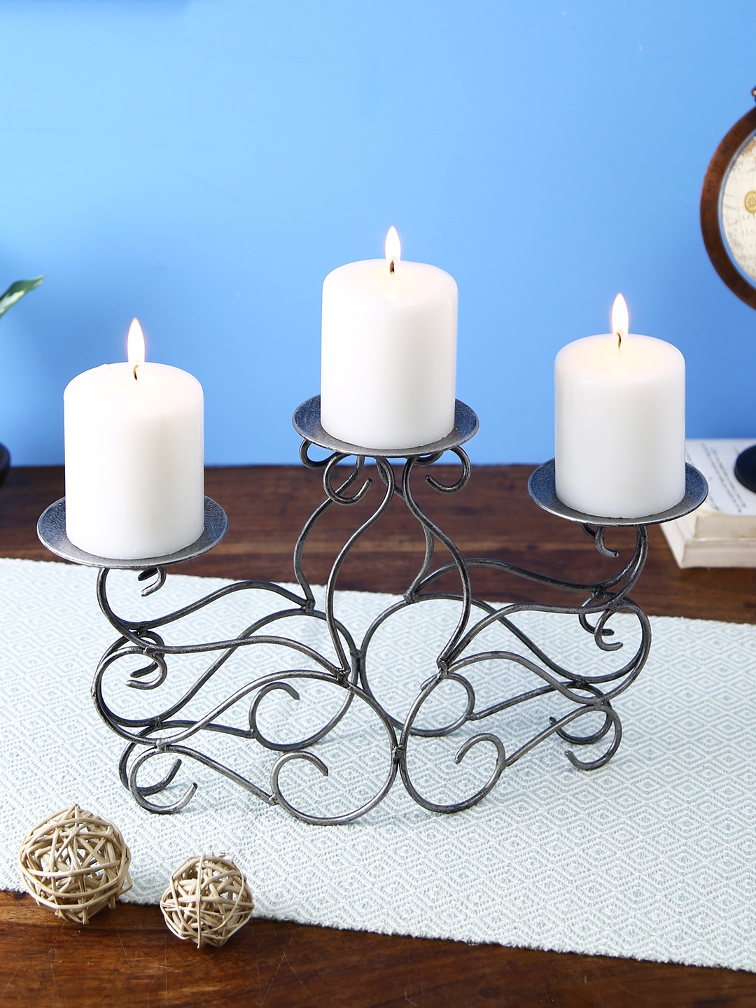 HOSLEY Grey & White Table Top Candle Holder With Candle