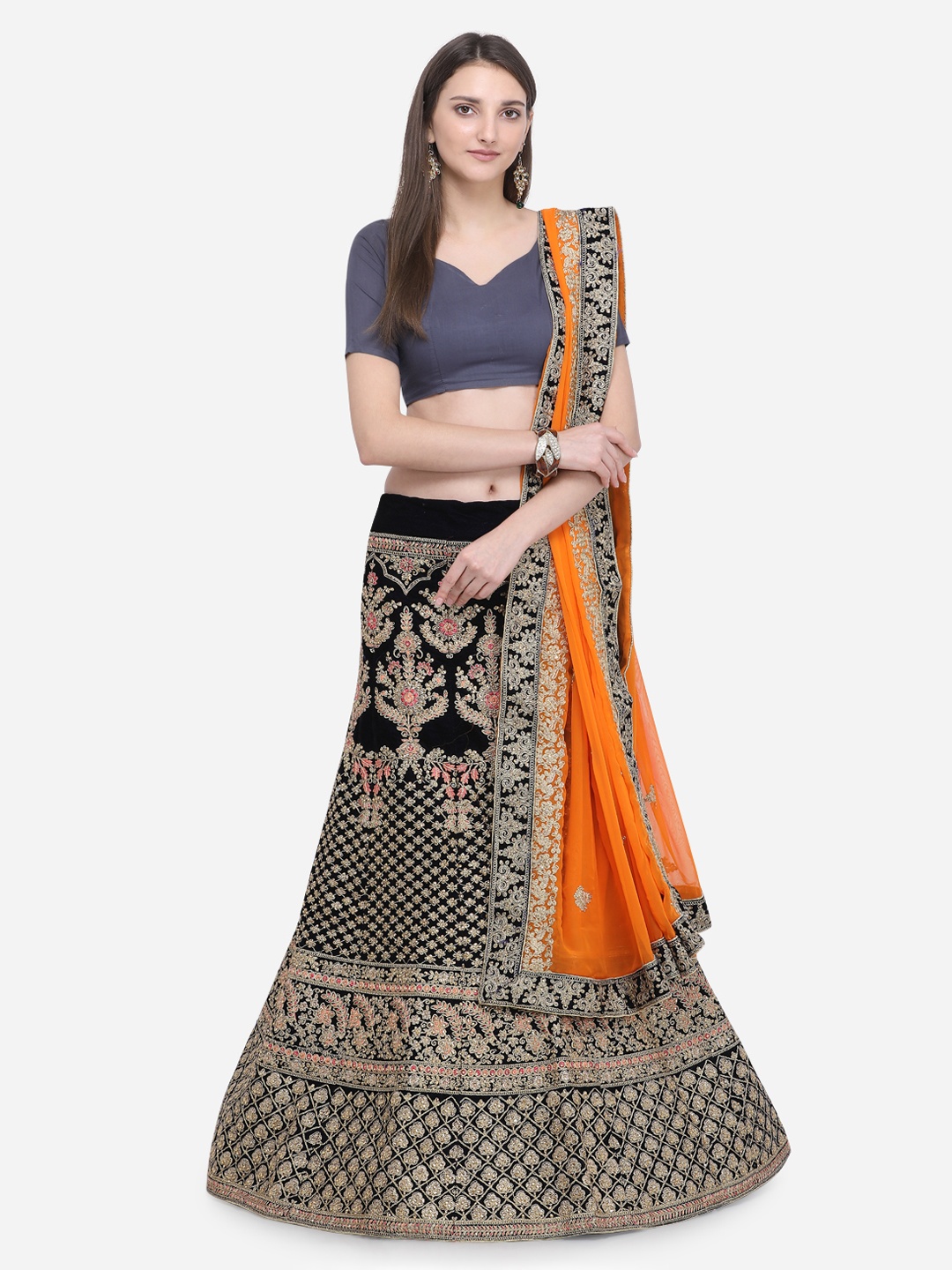 MOKSHA DESIGNS Black & Orange Embroidered Semi-Stitched Lehenga & Unstitched Blouse with Dupatta
MOKSHA DESIGNS Black & Orange Embroidered Semi-Stitched Lehenga & Unstitched Blouse with Dupatta