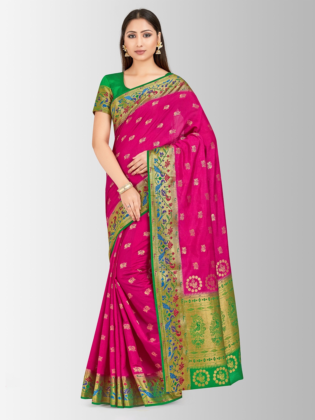 MIMOSA Pink & Green Art Silk Woven Design Paithani Saree