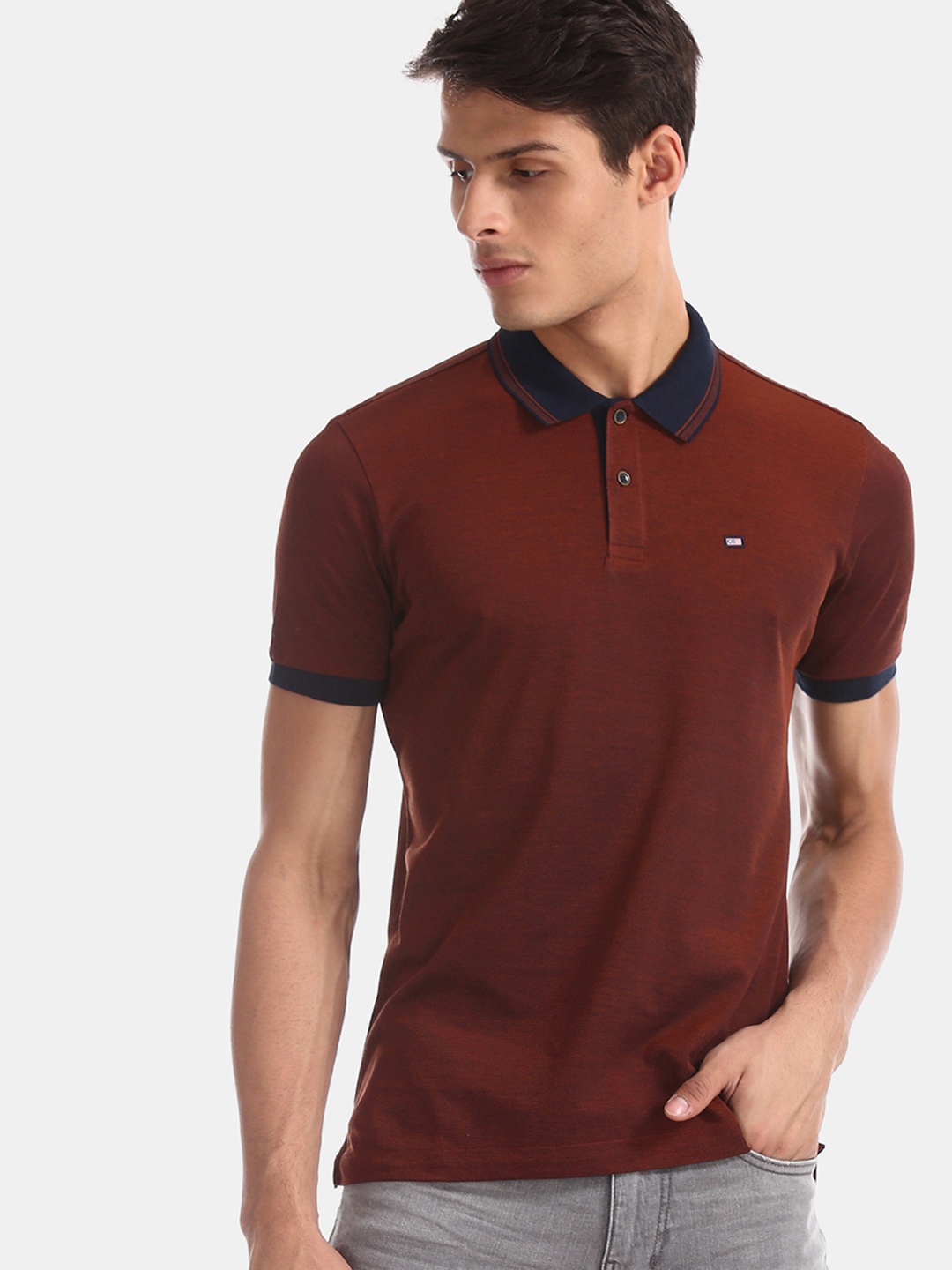 Arrow Sport Men Rust Brown & Orange Solid Polo Collar T-shirt
