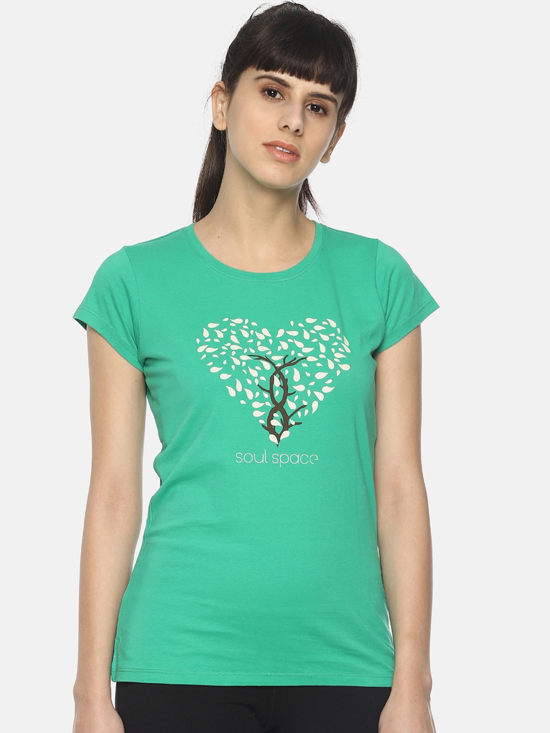 Soul Space Women Green Printed Round Neck T-shirt