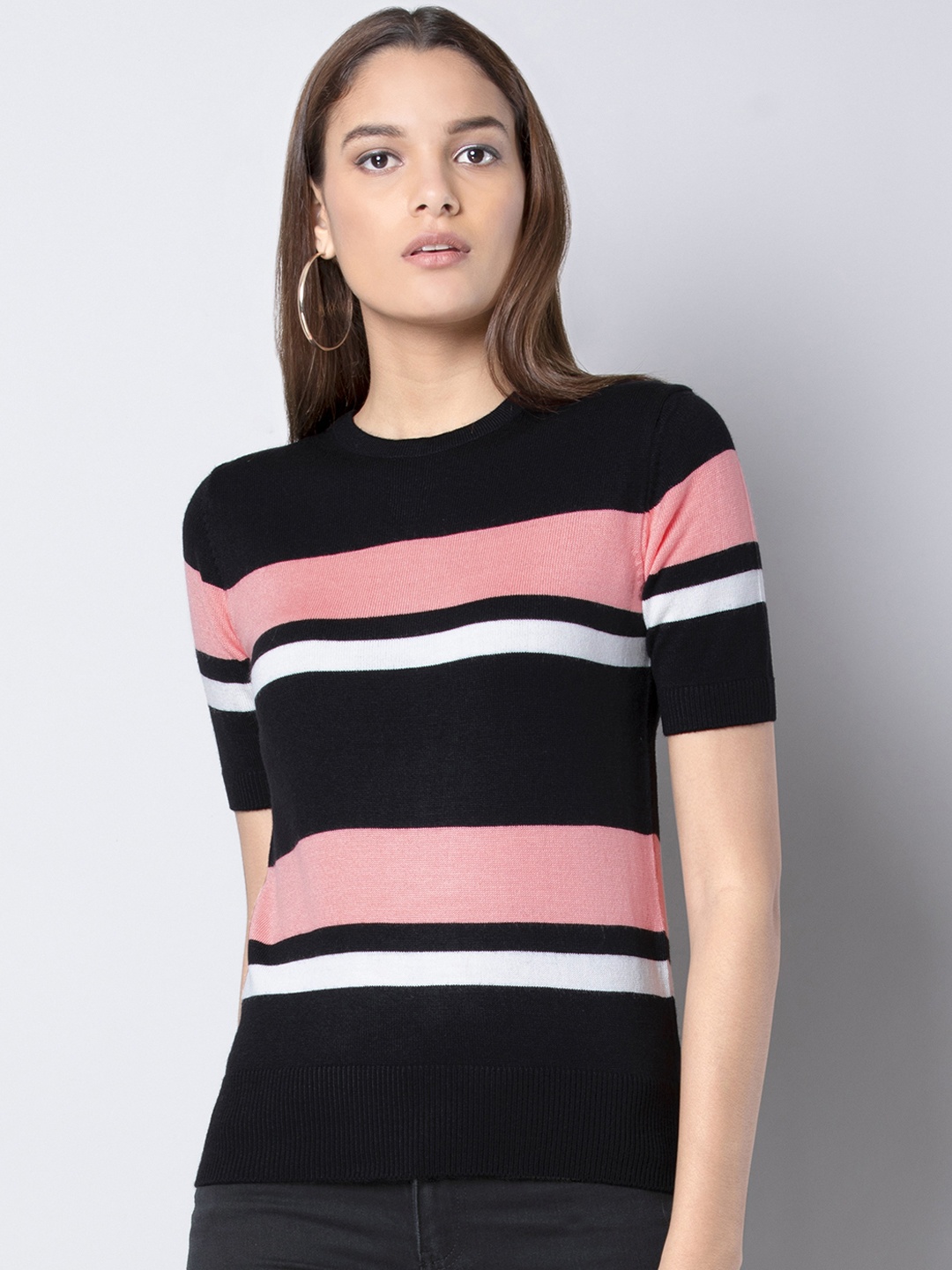 FabAlley Women Black & Pink Striped Sweater