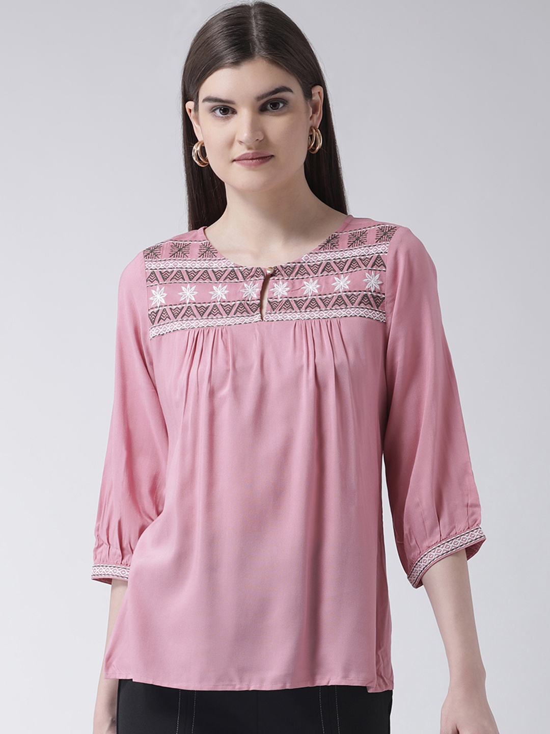 Latin Quarters Women Pink Solid Yoke Embroidered Top