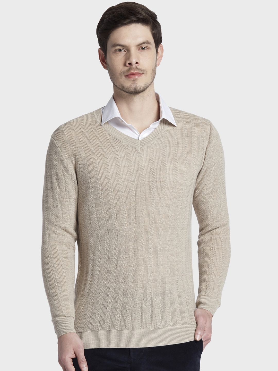 ColorPlus Men Beige Self Design Sweater