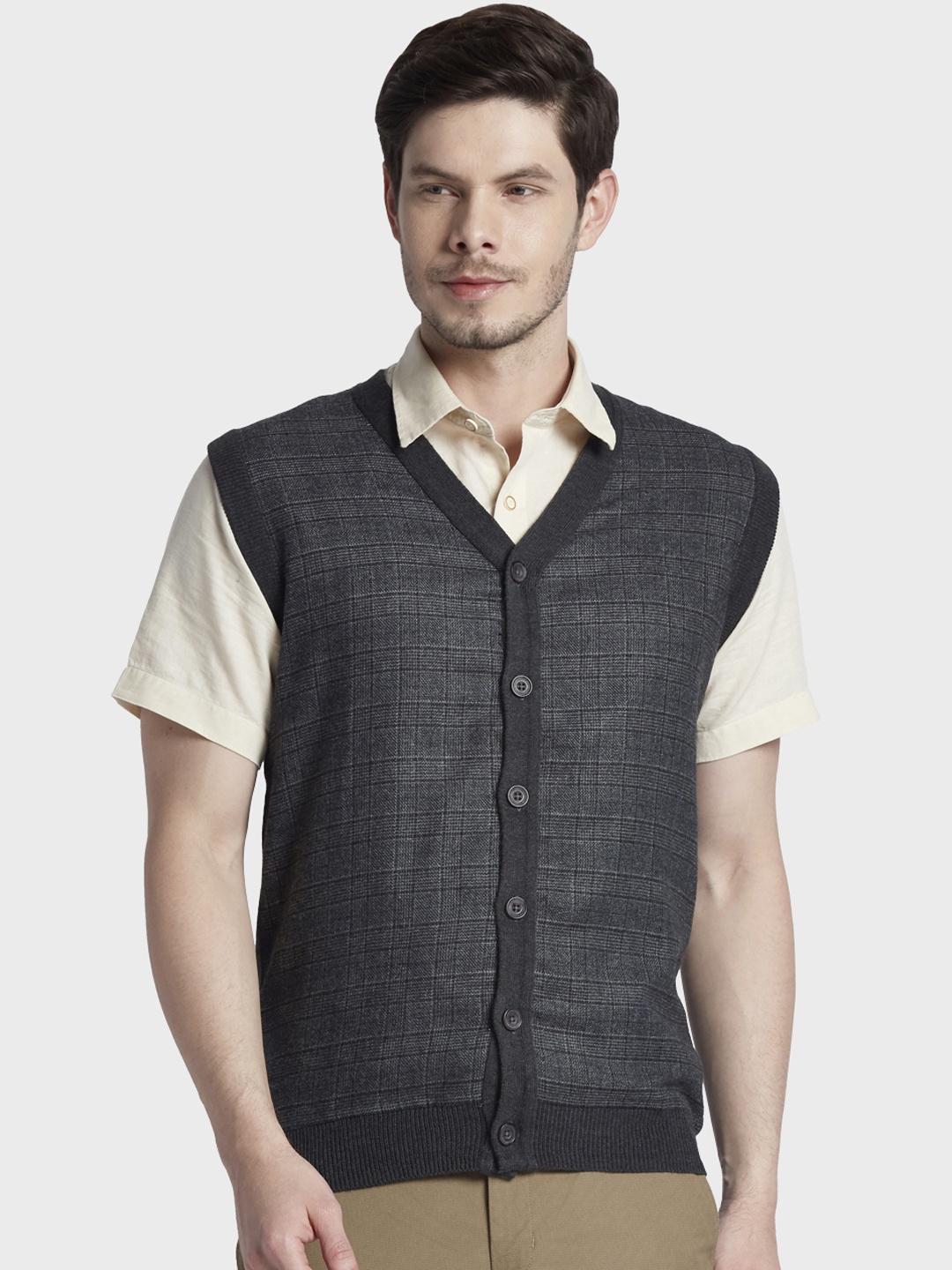 ColorPlus Men Grey & Black Checked Sweater
