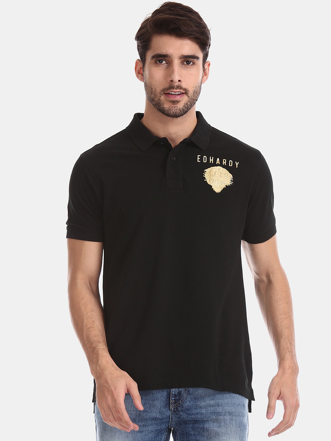 Ed Hardy Men Black Solid Polo Collar Pure Cotton T-shirt