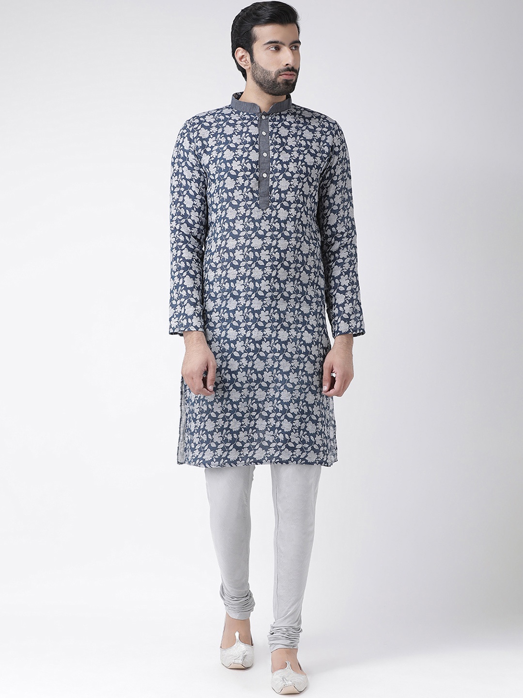 KISAH Men Blue & Grey Printed Straight Kurta