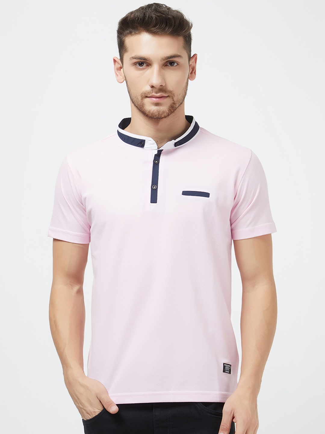 Status Quo Men Pink Slim Fit Solid Mandarin Collar T-shirt