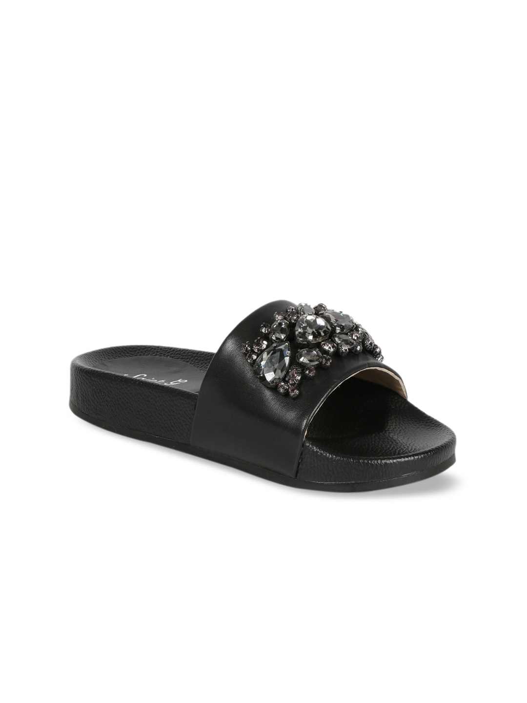Saint G Women Black Embellished Leather Open Toe Flats
