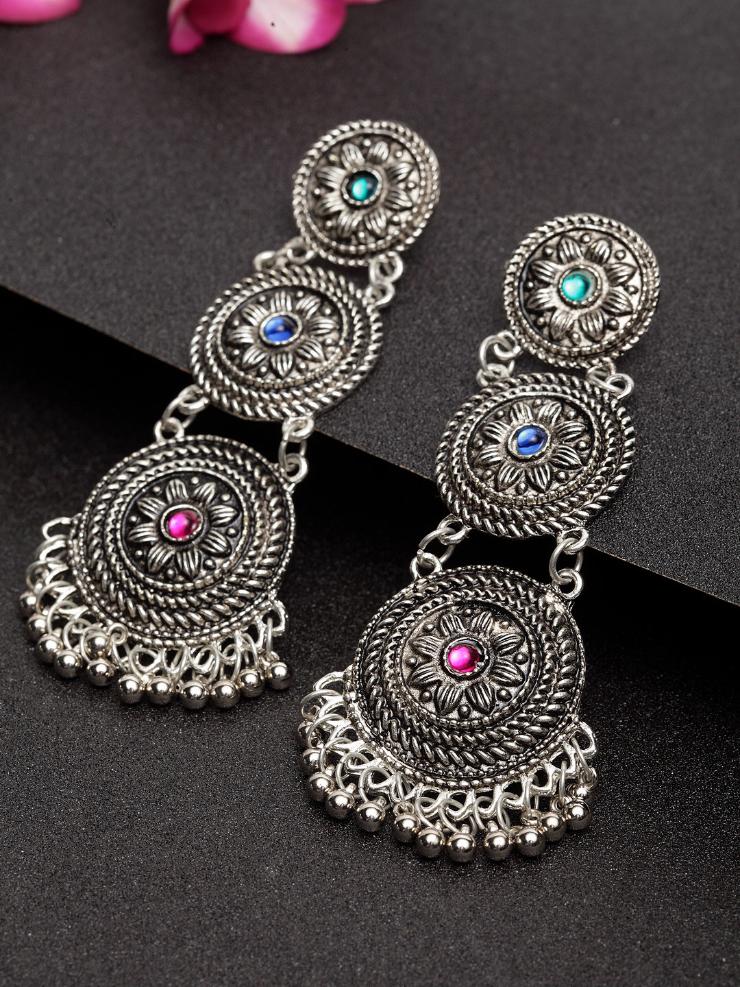 Moedbuille Silver-Toned & Pink Handcrafted Oxidised Tribal Drop Earrings 
Moedbuille Silver-Toned & Pink Handcrafted Oxidised Tribal Drop Earrings