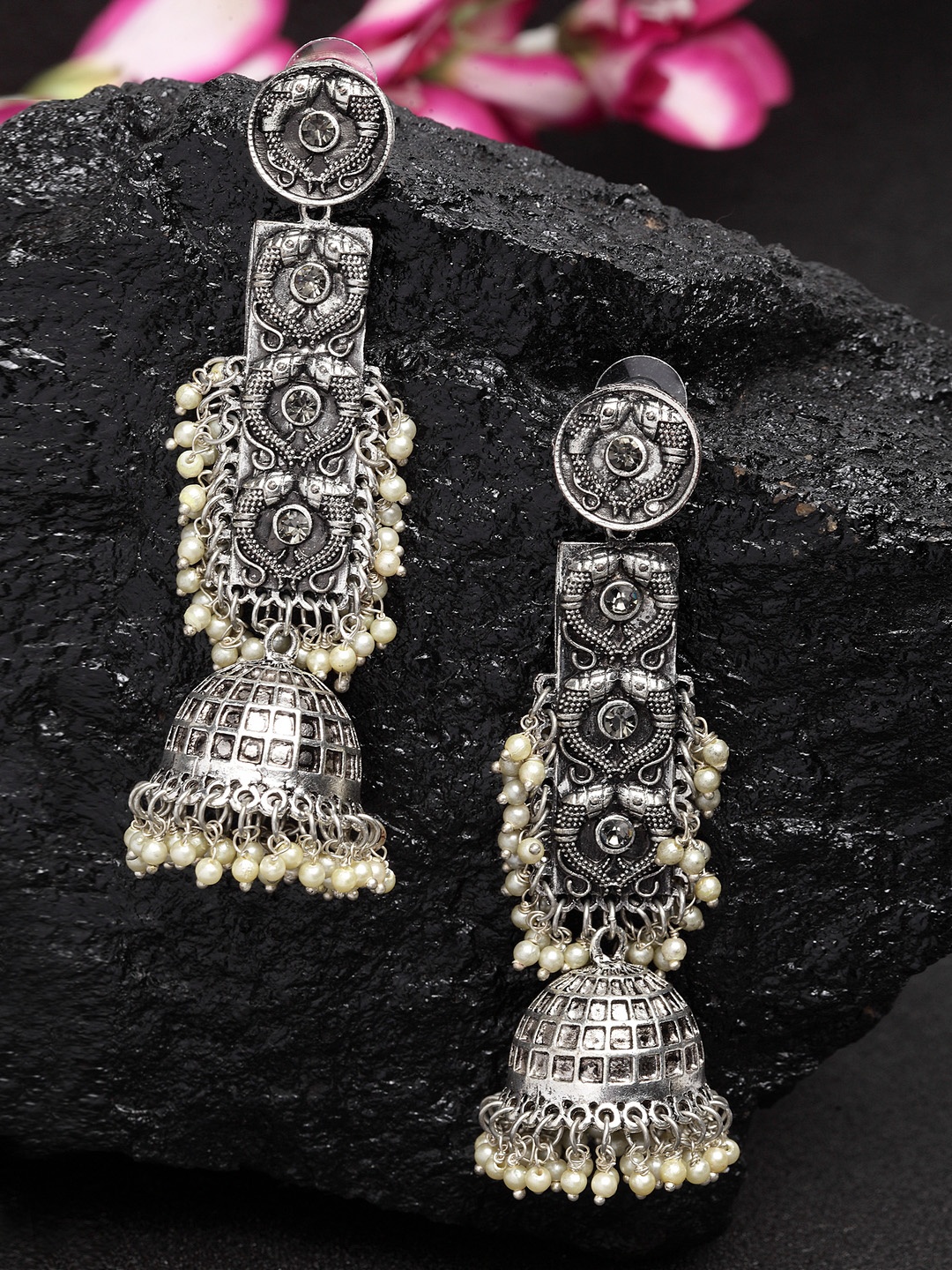 Moedbuille Silver-Silver & Grey Handcrafted Oxidised Dome Shaped Jhumkas