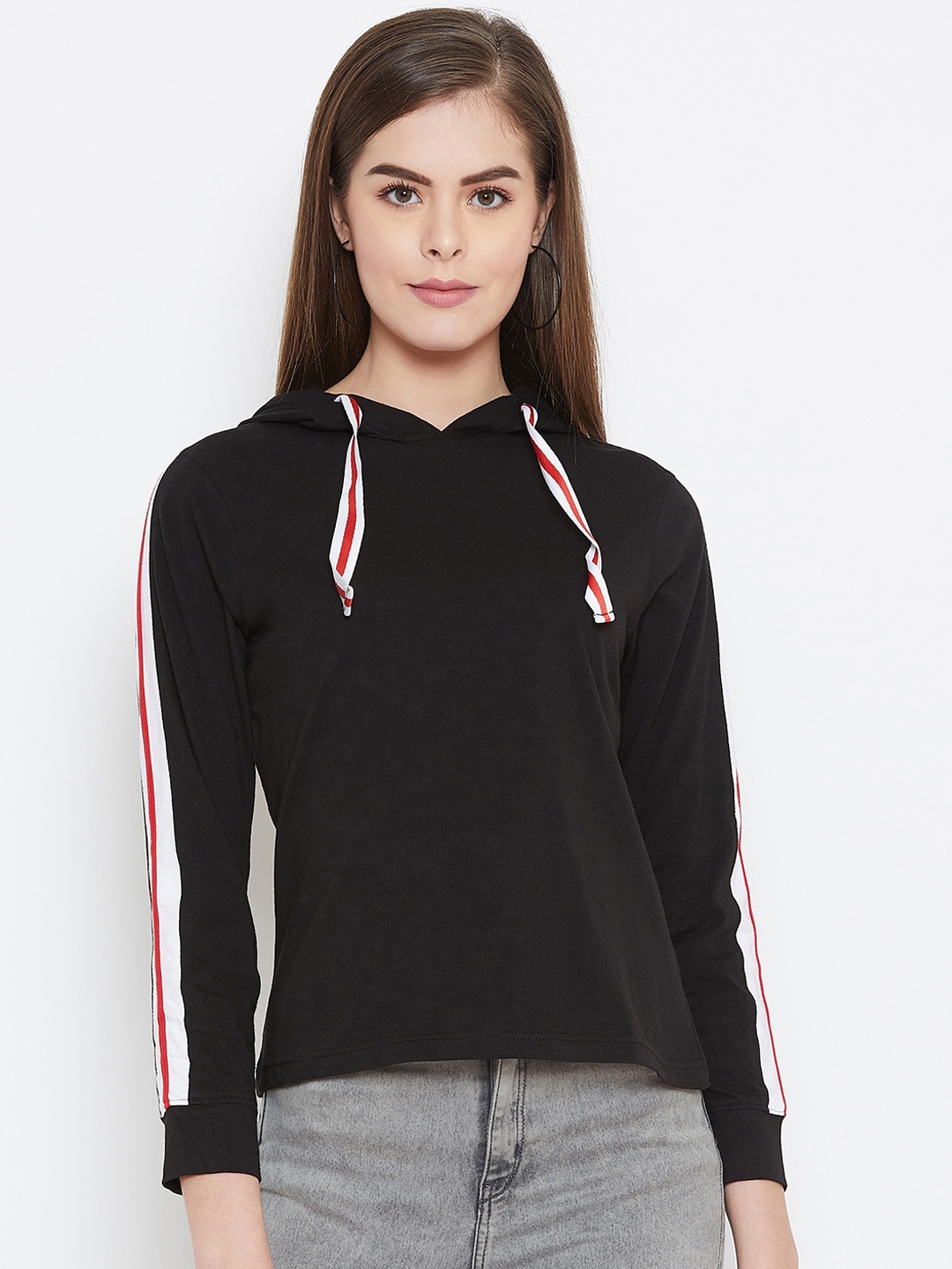 GRITSTONES Women Black & White Striped Hooded T-shirt