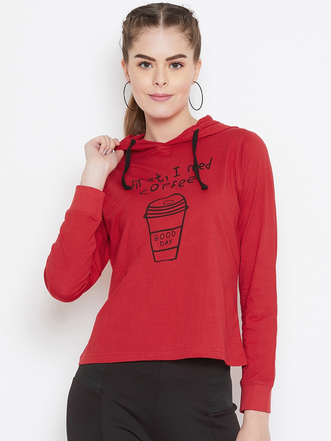 GRITSTONES Women Red Printed Hood Pure Cotton T-shirt