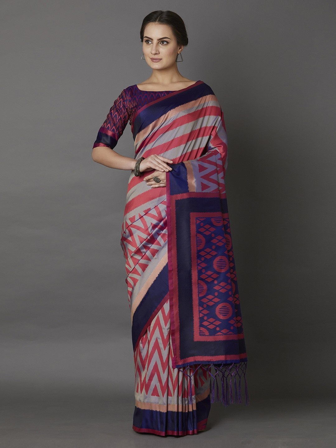 Mitera Grey & Pink Silk Blend Printed Saree