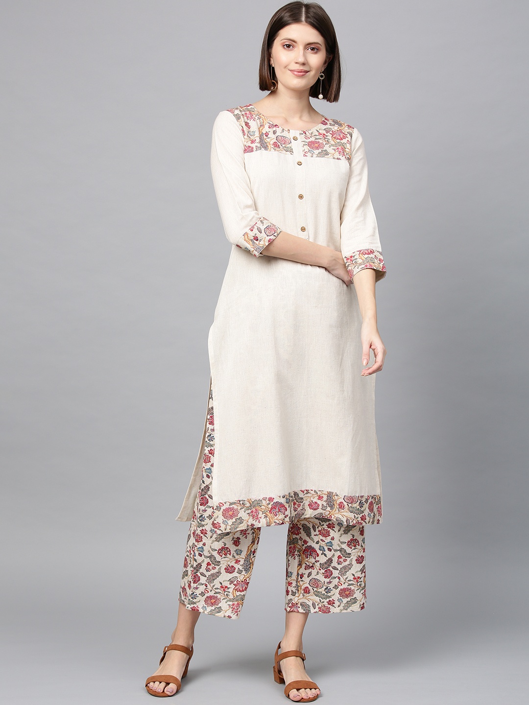 ZIYAA Women Off-White Solid Cotton Silk Straight Kurta