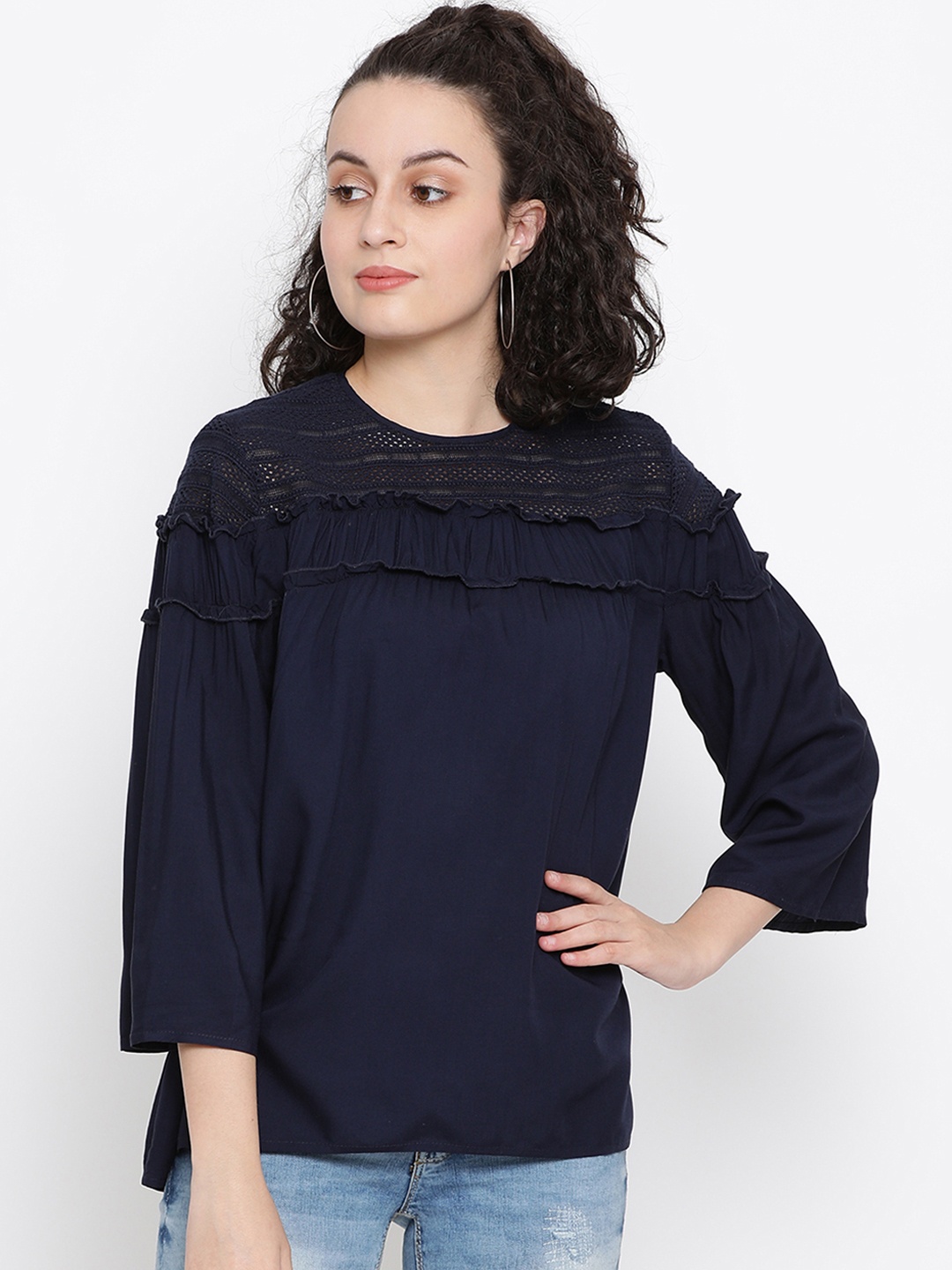 SQew Women Navy Blue Self Design A-Line Top