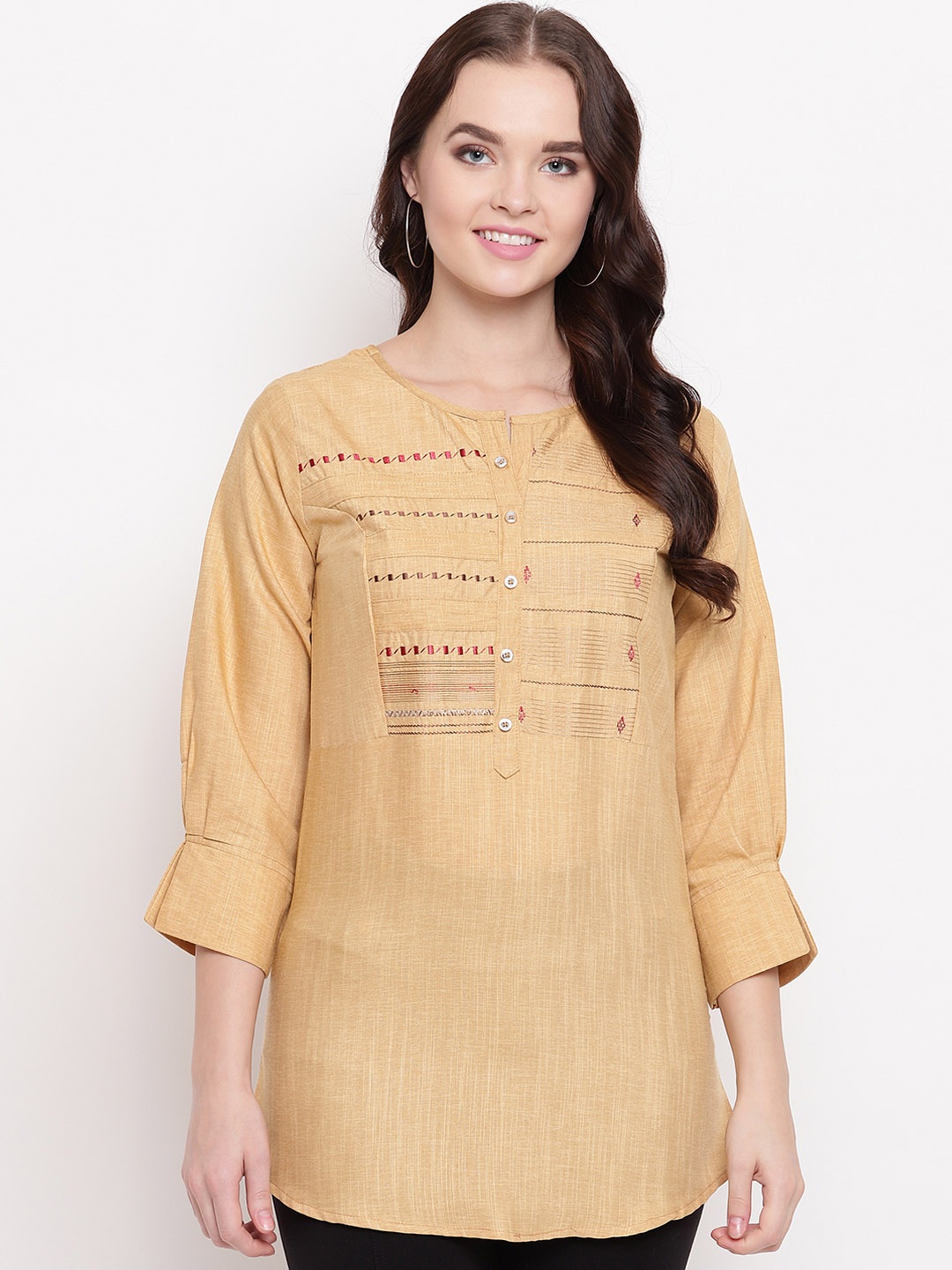 Kvsfab Women Mustard Yellow & Maroon Embroidered A-Line Kurti