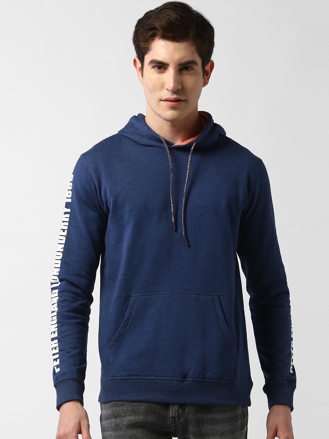 Peter England Casuals Men Navy Blue Printed Hooded Sweatshirt