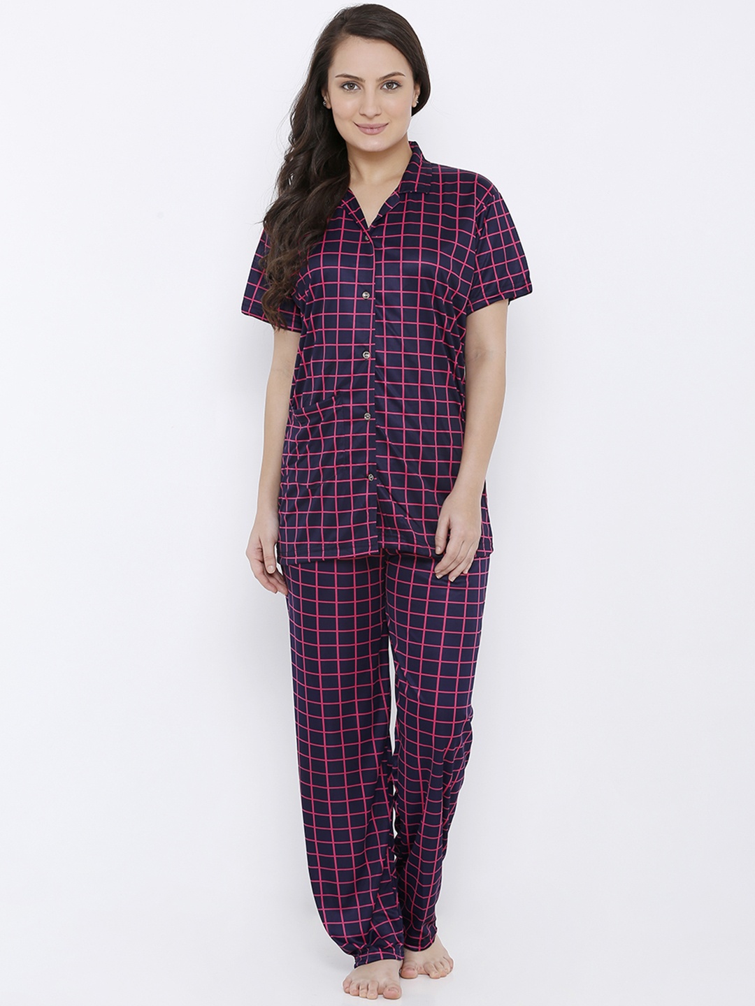 Pretty Awesome Women Navy Blue & Pink Checked Night Suit