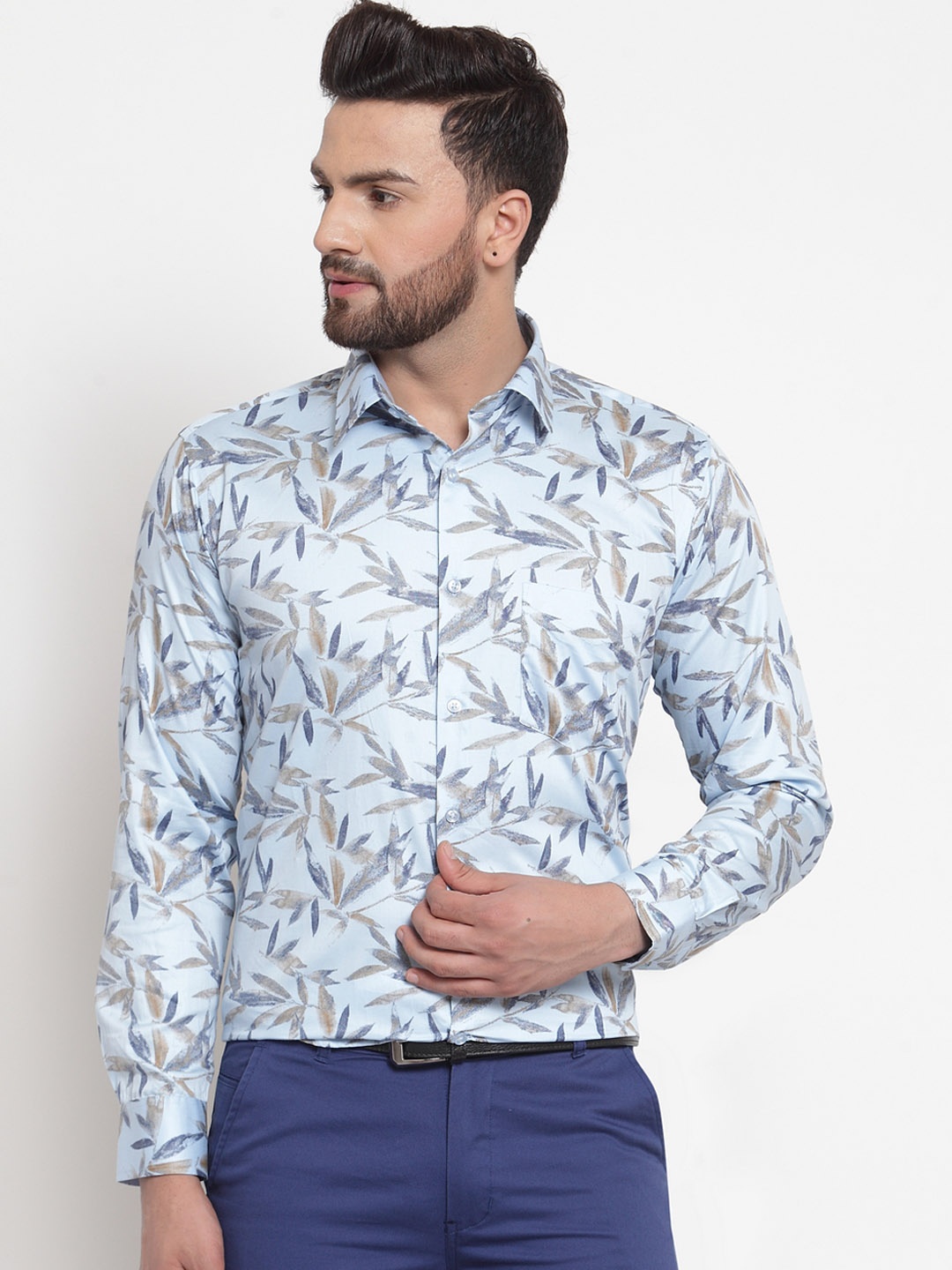 Hancock Men Blue & Grey Printed Slim Fit Formal Shirt