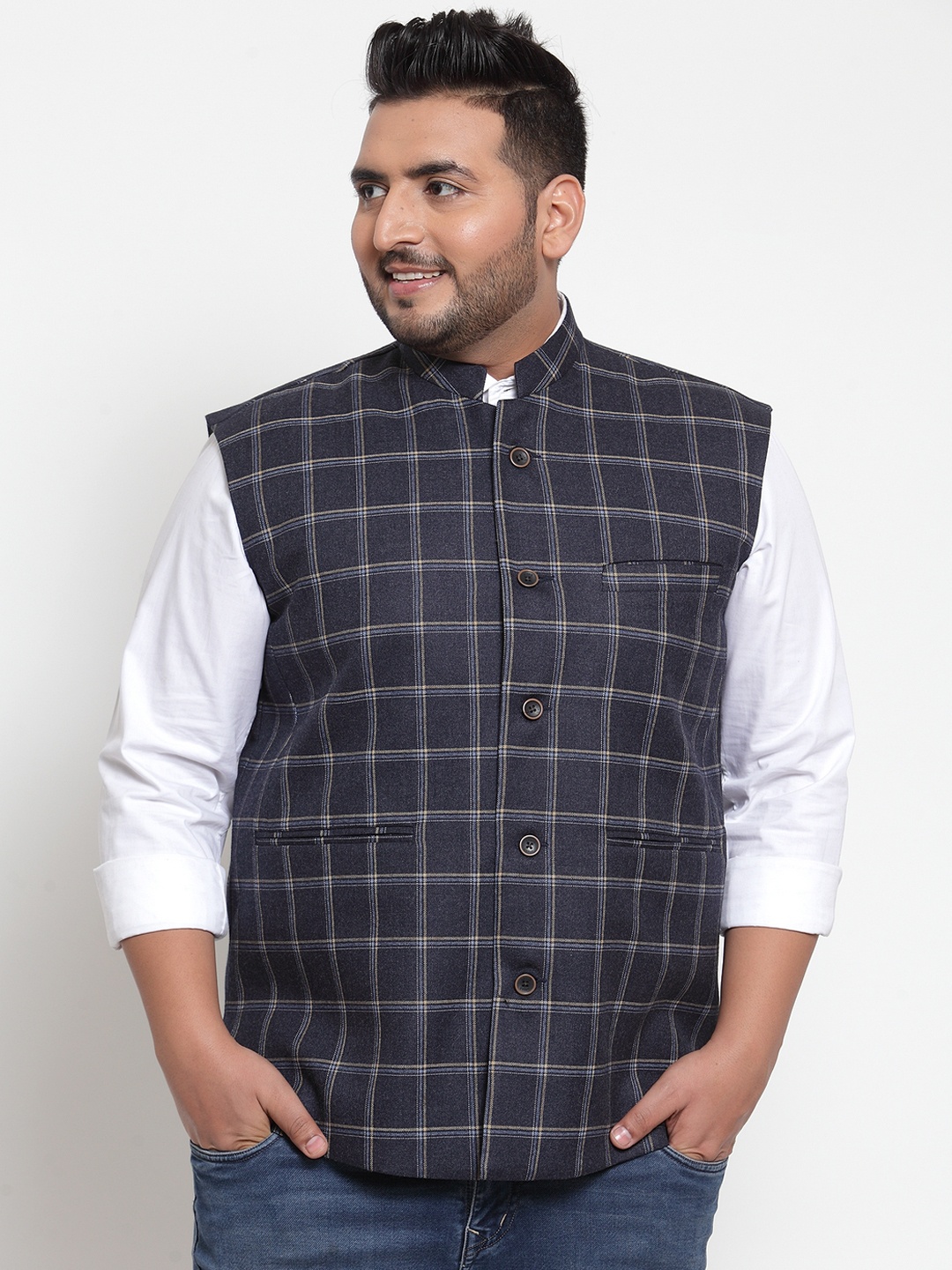 plusS Men Charcoal Black & Beige Checked Nehru Jacket