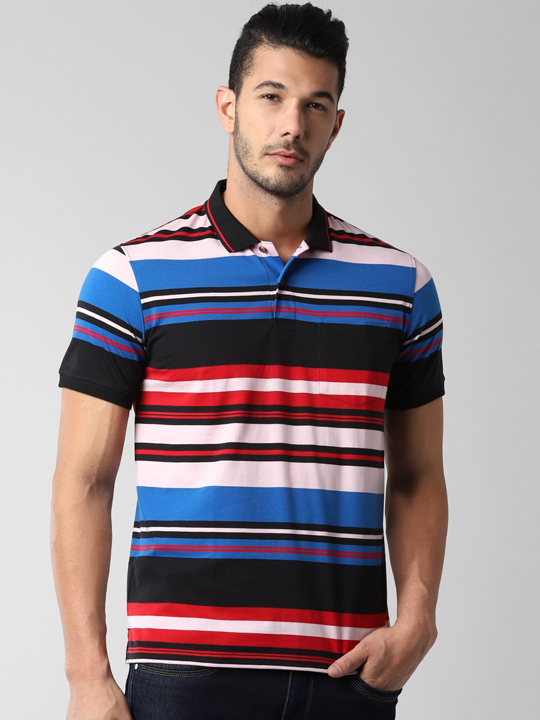 Peter England Casuals Men Multicoloured Striped Polo Collar T-shirt, Multi