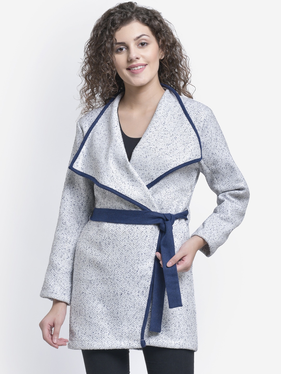 Martini Women White & Teal Blue Solid Woollen Wrap Coat