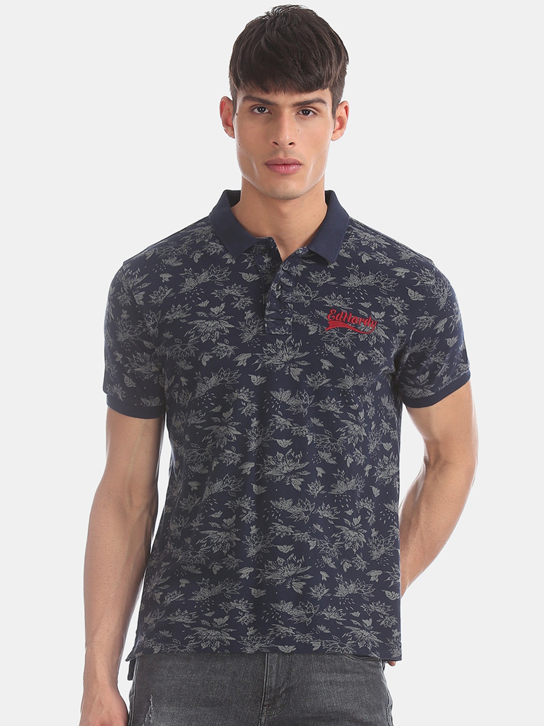 Ed Hardy Men Navy Blue Printed Slim Fit Polo Collar Pure Cotton T-shirt