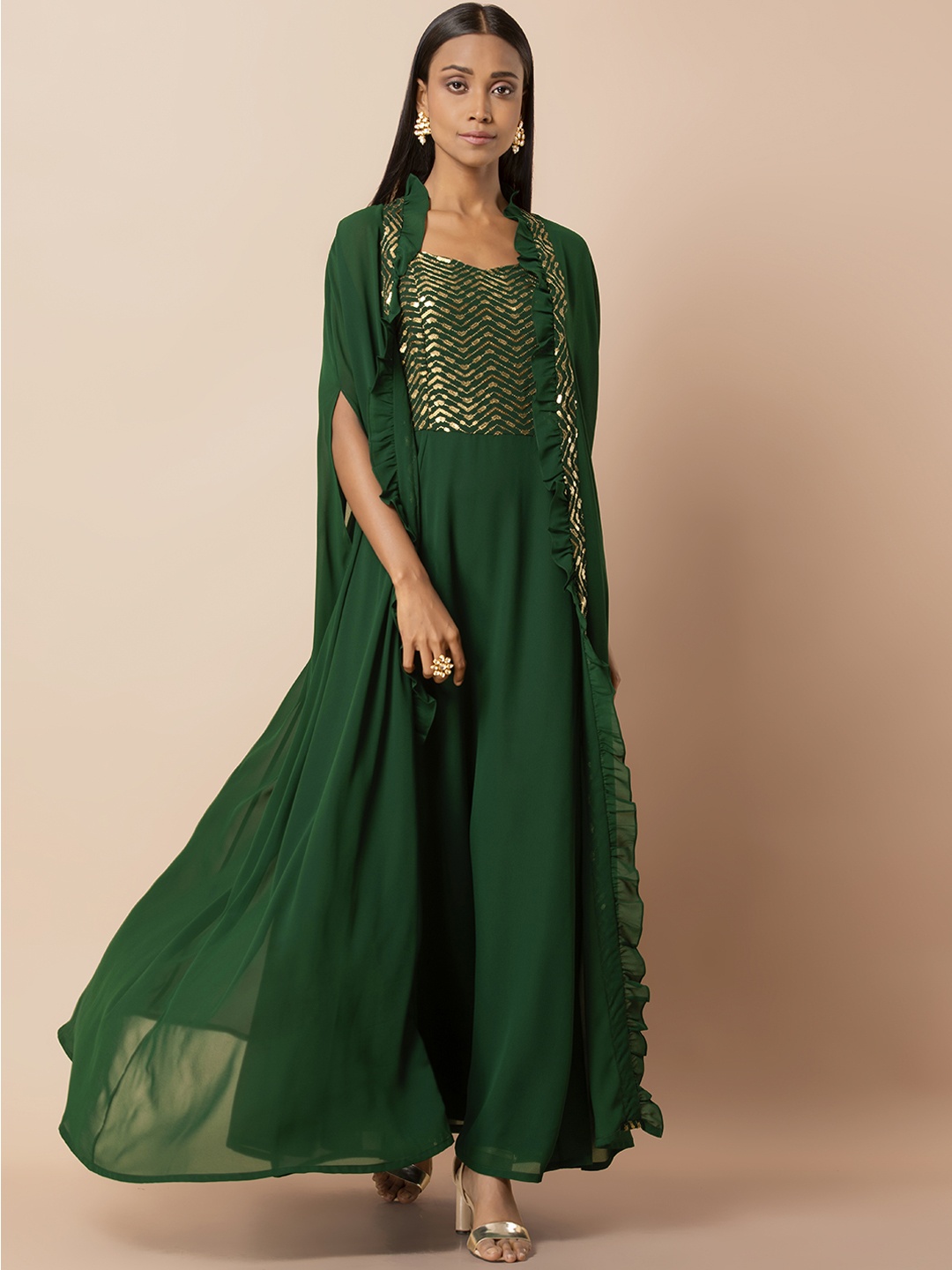 INDYA Women Green & Gold-Coloured Embellished Ethnic Maxi Dress with Attached Shrug
INDYA Women Green & Gold-Coloured Embellished Ethnic Maxi Dress with Attached Shrug